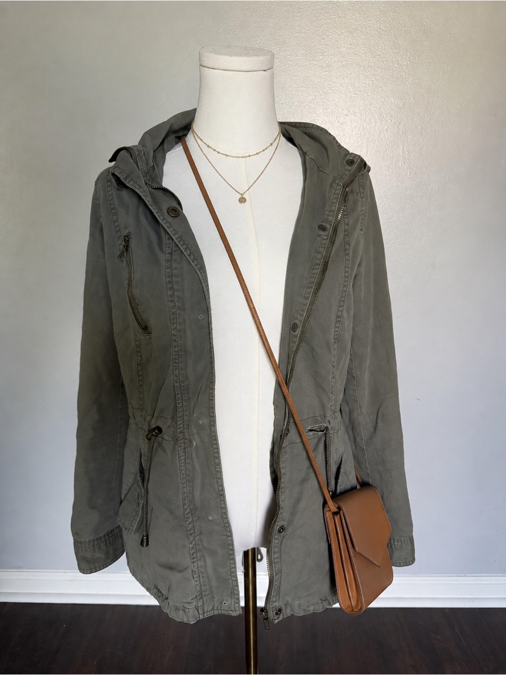 Vintage Miss London Khaki green hooded jacket with adjustable waist